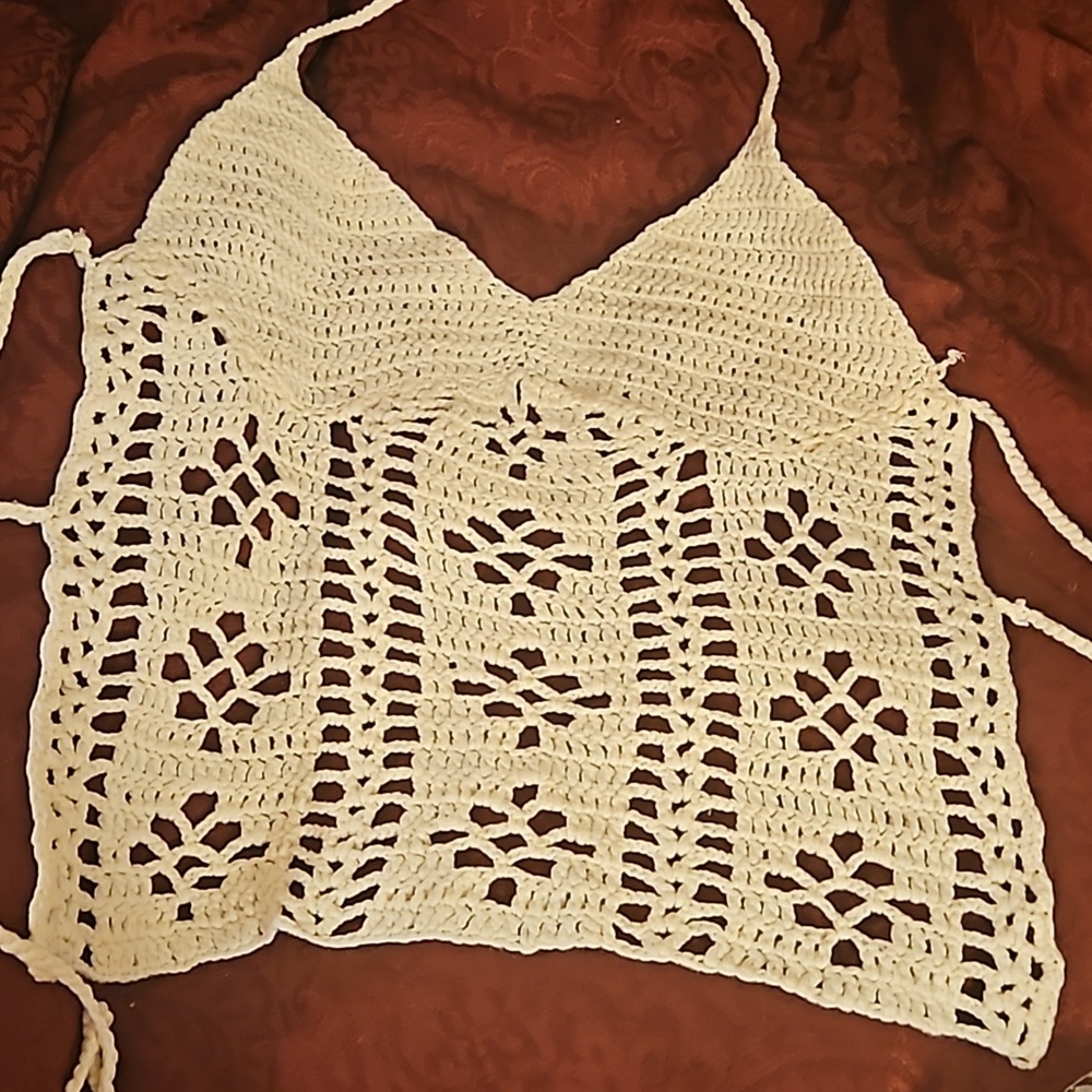 Hand Crafted Crochet Crop-Top Handmade Floral pattern Swim cover-up Cream #752 - Picture 10 of 17